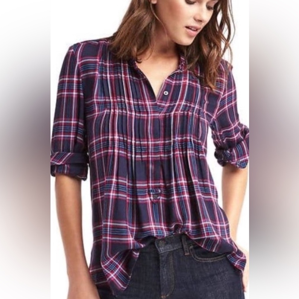 Gap Plaid Shirt Pintuck Popover  Blue & Red 3/4 Button Long Sleeves Soft EUC L👍